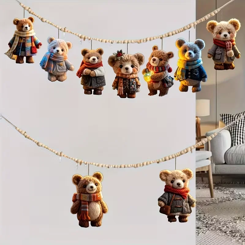 10 زخارف على شكل دب خشبي مصنوعة يدويًا - معلقات جو عيد الميلاد بأنماط قديمة وحديثة، تتميز بالأوشحة والمعاطف