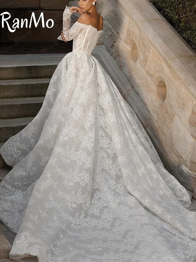 Ranmo جديد 2025 فستان الزفاف الأبيض قبالة الكتف ألف خط كامل الدانتيل فساتين الزفاف الفاخرة بوهو الزفاف الكرة حفلة موسيقية فستان مخصص