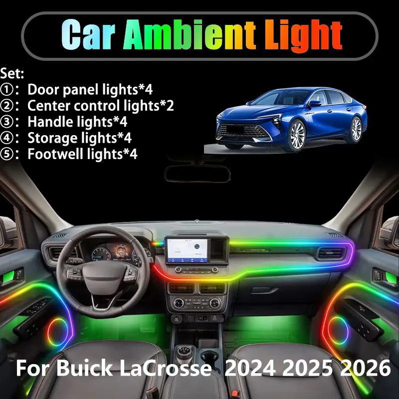 

Для Buick LaCrosse 2024 2025 2026 MK2 2/18 в 1, автомобильное окружающее освещение, светодиодные внутренние светодиодные фонари багажника, USB RGB Ensemble Streamer