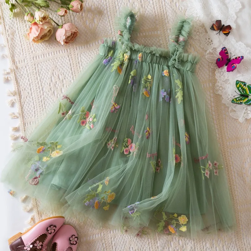 

Girls' Mesh Dress Summer Baby Girl Covered in Flower Embroidery Green Suspender Mesh Beach Princess Dress