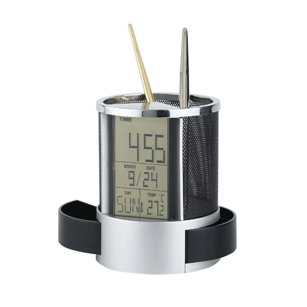 Desk Pen Holder with Clock Calendar Function Time Display Drawer Storage Multifunction Organizer for Office School Use Metal and