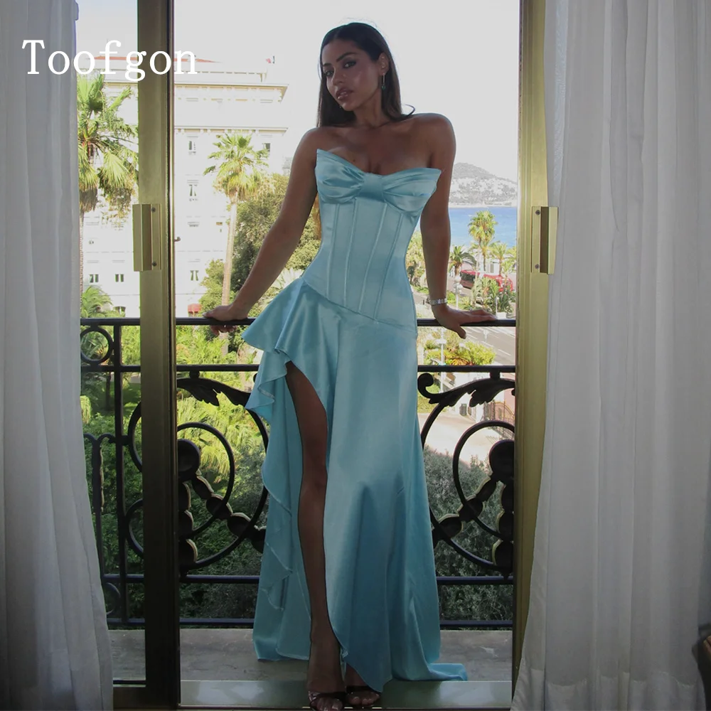 Toofgon Sky Blue Satin Evening Dress Long A Line Strapless Bow Wedding Guest Dresses Elegant High Low Party Gowns Customized