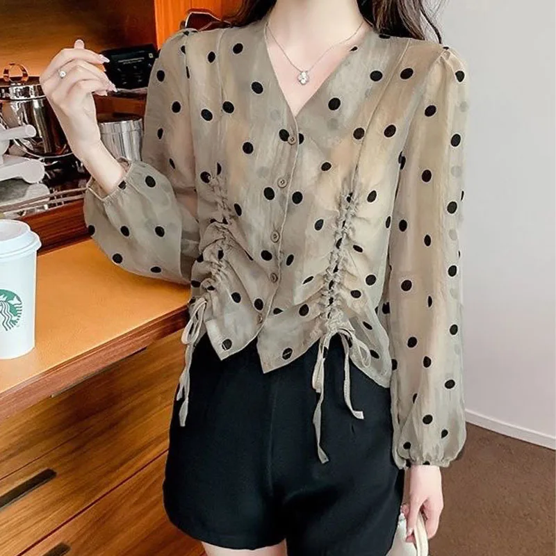 Vintage Polka Dot Printed Shirt 2022 Spring Summer Waist Shirring Puff Sleeve Fashion Casual V-Neck Blouses Women\'s Clothing