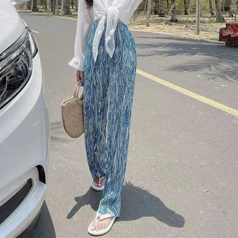 flowing wide leg pants, women's pleated long pants, 2024 summer new print casual oversized ice silk women's pants trend