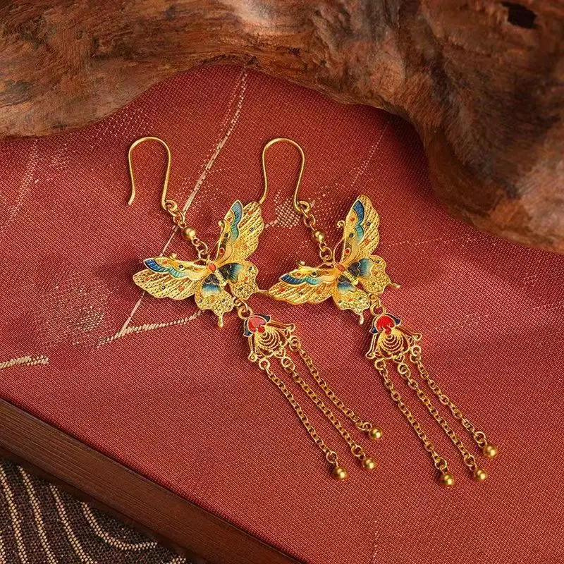 Chinese style gold color filigree retro Guochao butterfly fringed necklace earrings