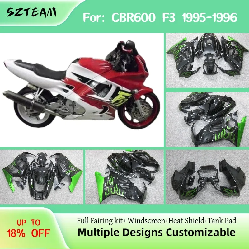 

Для Honda CBR600F3 1995 1996 обтекатели мотоцикла с зеленым пламенем CBR 600 F3 95 96, комплект обтекателей из АБС-пластика для впрыска кузова