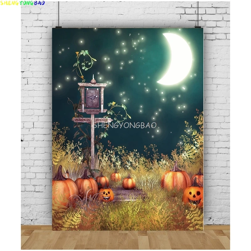

Autumn Thanksgiving Day Photography Backdrops Fall Scary Pumpkin Barn Moon Halloween Day Party Castle Photo Background NG-03