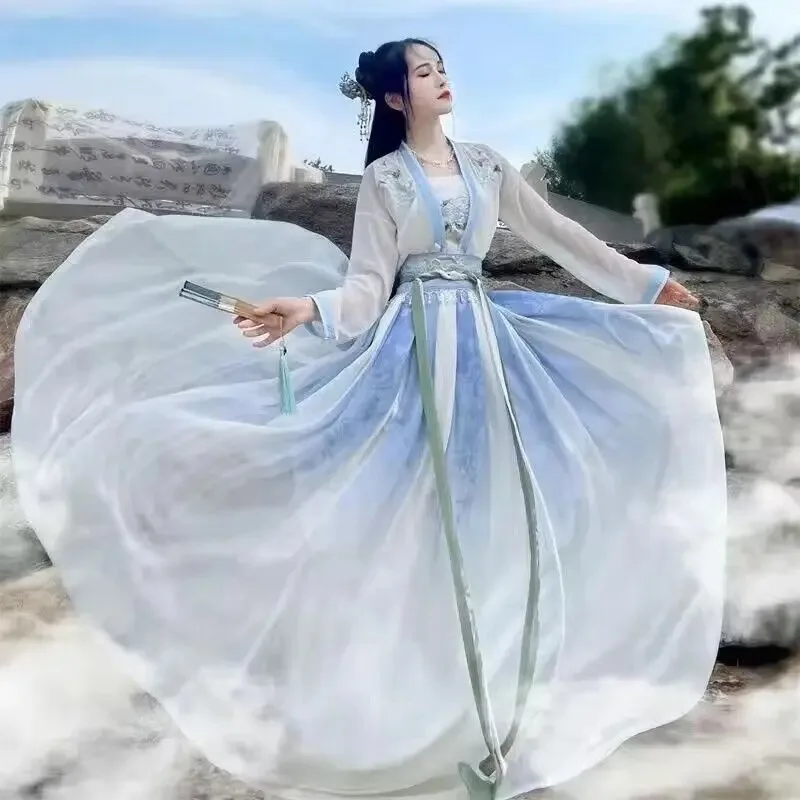 ancient style gradually changes the blue-green women's hanfu summer new skirt, traditional Chinese costume performance clothes