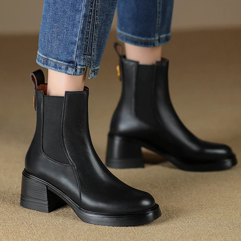 2024 New Autumn Genuine Leather Women Shoes Round Toe Ankle Boots for Women Chunky Heels Block Winter Boots Retro Chelsea Boots