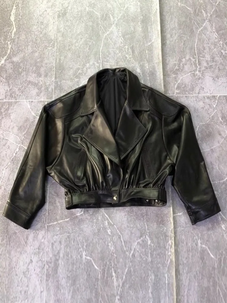 여성용 새 배트윙 슬리브 정품 가죽 짧은 재킷 진짜 양피 턴 다운 칼라 캐주얼 루즈 피트 지퍼 코트 봄 가을