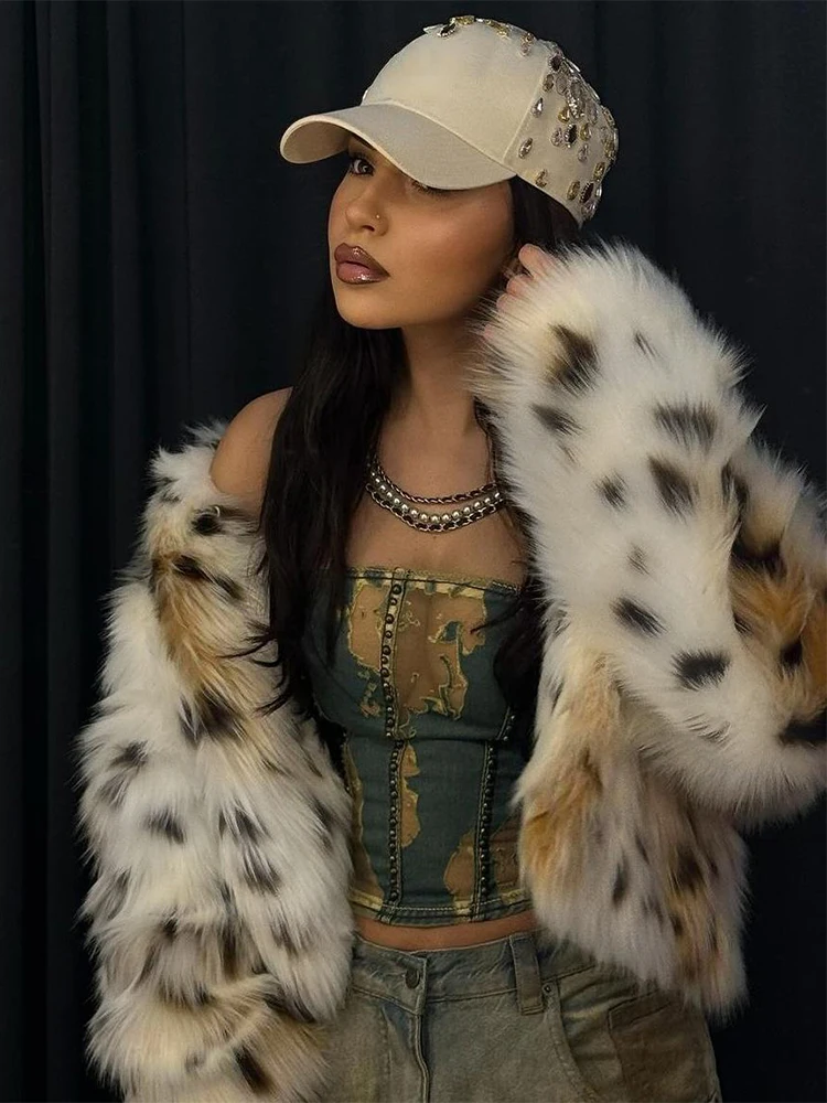 

Weird Puss Furs Leopard Luxury Jacket Women Warm Winter Hipster Full Sleeve Streetwear Wild Hipster Midnight Open Collar Coat