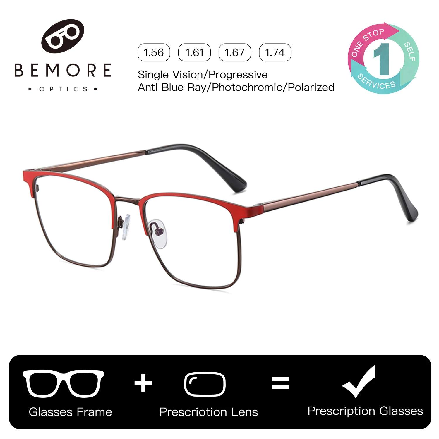 

BEMORE Square Metal Prescription Eyeglasses Men Anti Blue Light Anti Reflective Photochromic Optical Multifocal Glasses