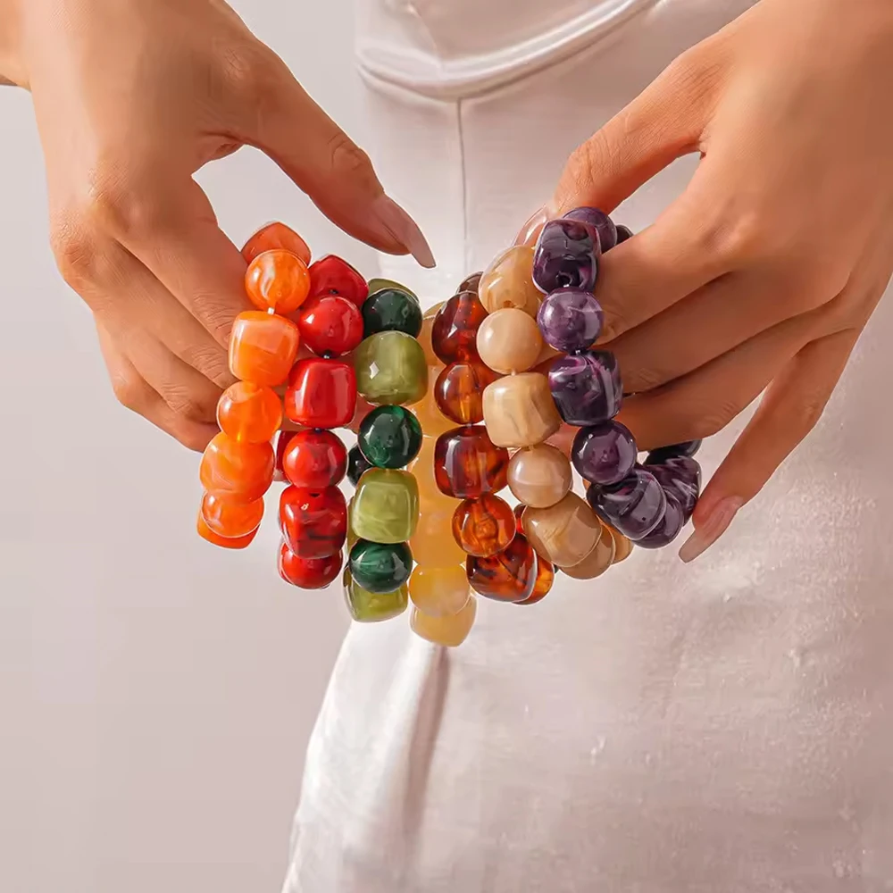 Rot, Lila, Orange, Grün Acryl Quadratische und Runde Perlen Kettenarmband für Frauen Handgemachter Schmuck