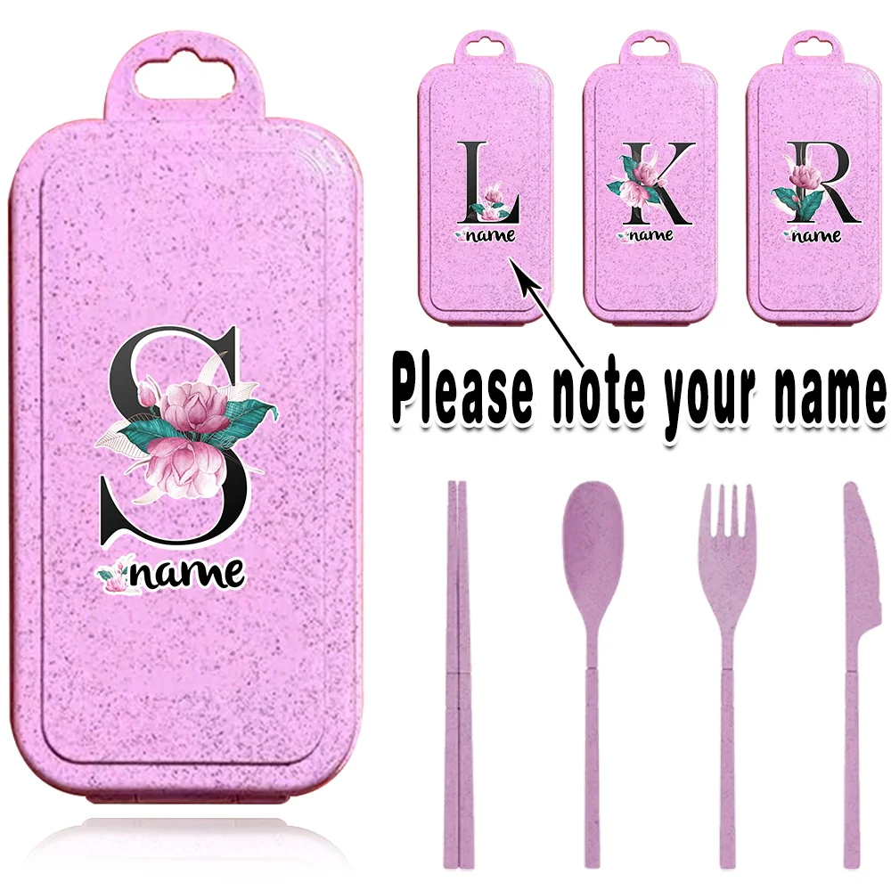 4 Pcs Customized Name Portable Tableware Set Wheat Straw Dinnerware Case Organizer Detachable Cutlery Kit Travel Personalized