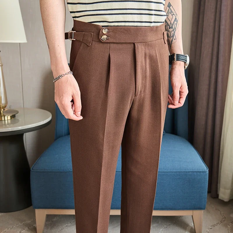 British Style Naples Men\'s High-end Linen Pants High Waist Straight Slim Fit Casual Trousers High Quality Solid Social Suit Pant