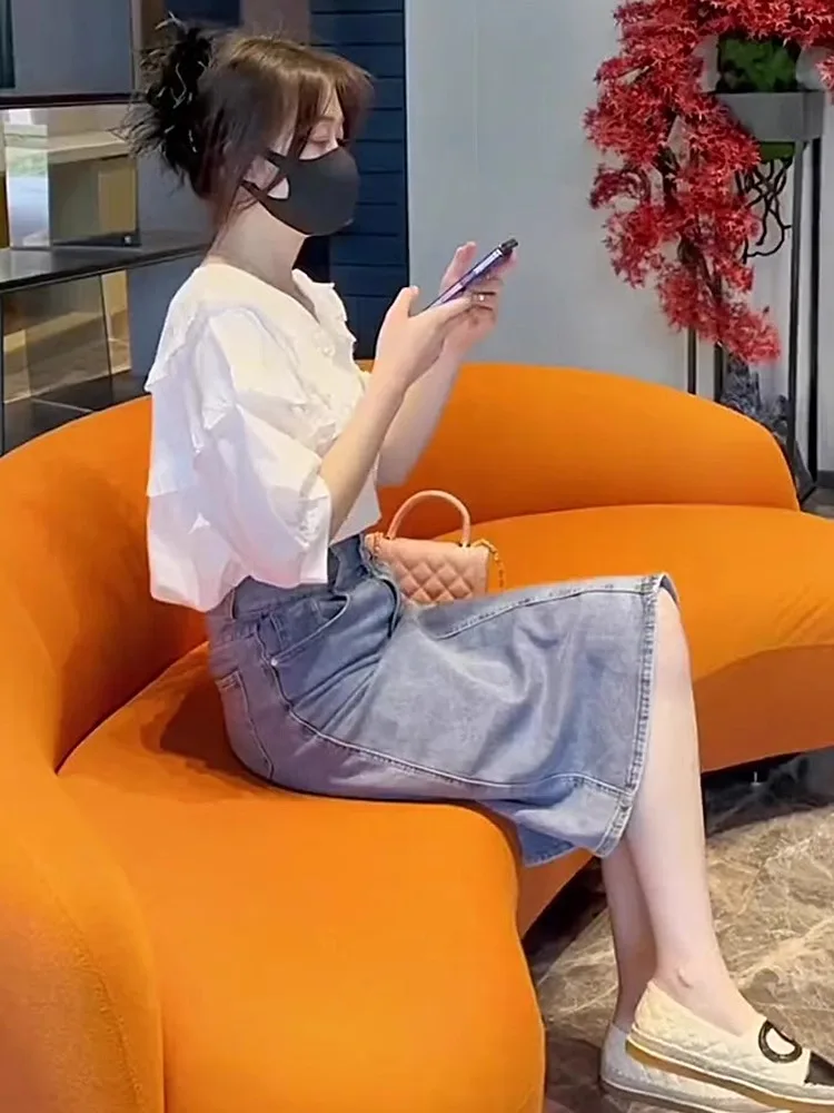 

White Shirt And Denim Skirt Two-Piece Set Women's Fashion Summer Outfit Elegant Lady Street Style Small Fragrance Style