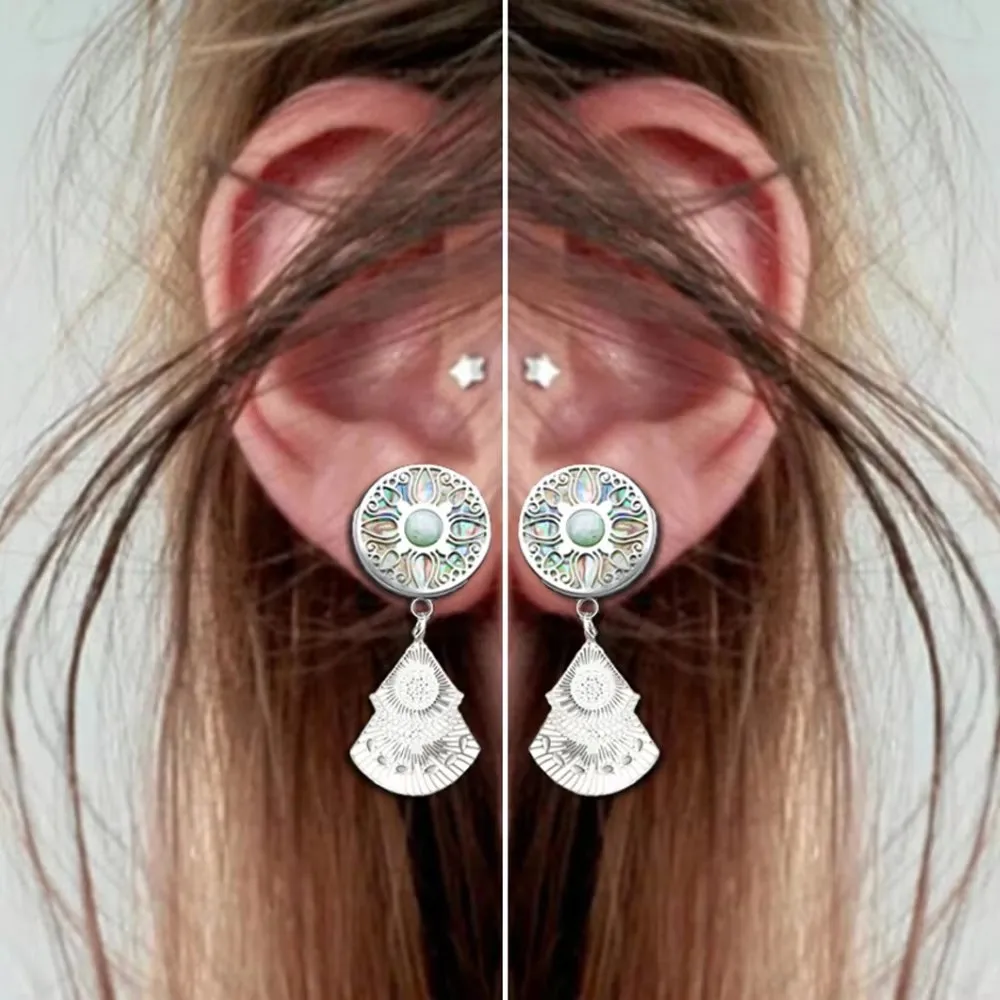 2PCS Opal Fan-Style Flesh Ear Plug and Tunnels Long Dangled Ear Expansion Piercings Stainless Steel Double Flare Ear Piercing