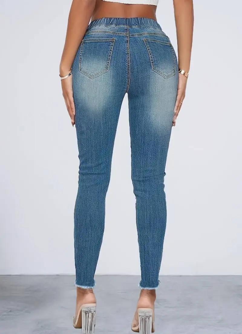 Vintage Fashion celana Denim wanita, Jeans Y2K kasual tali serut robek lubang tren legging Dicuci Amerika Chic Fashion