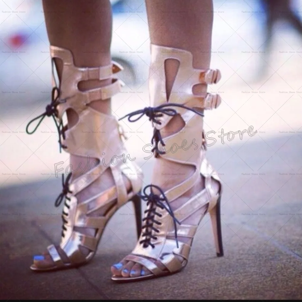 

Silver Hollow Out Lace up Sandals Open Toe Women Shoes Stilettos High Heels Party Banquet Dating 2025 Zapatos Para Mujere