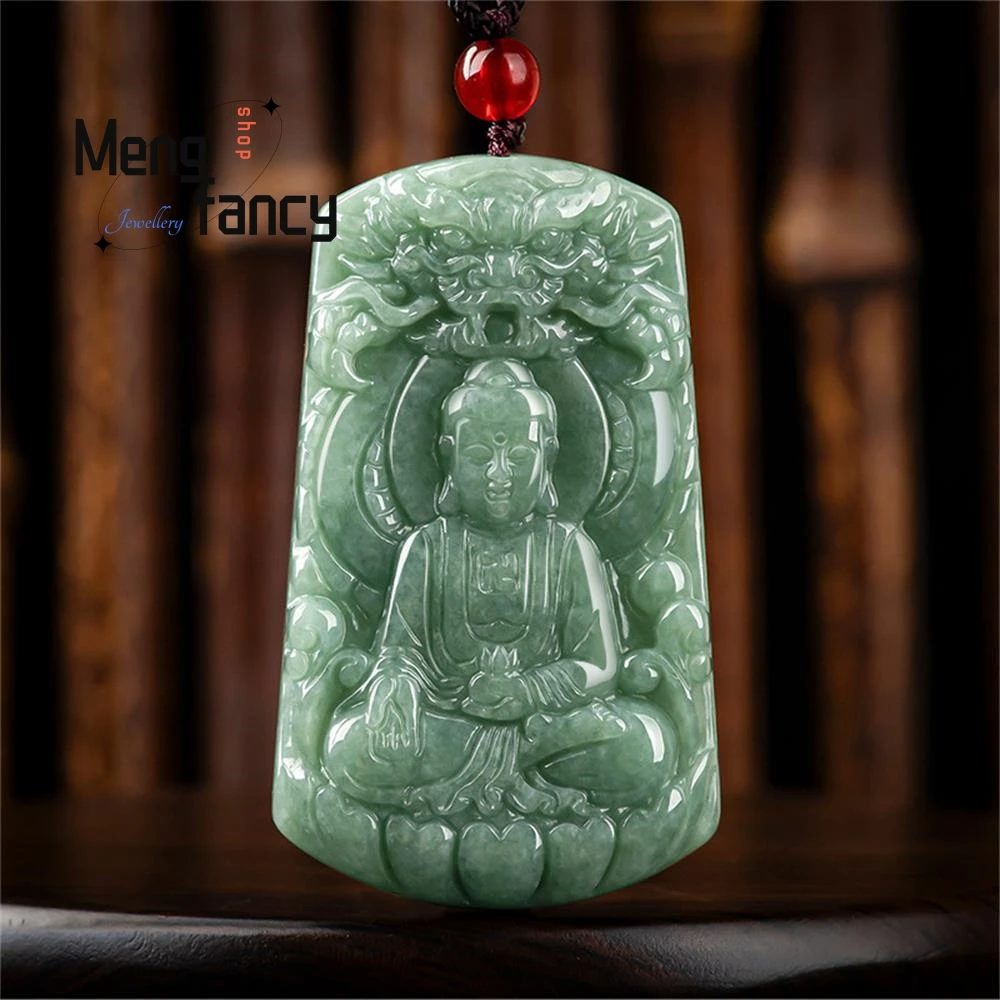 

Natural Ice Jadeite Rulai Buddha Pendant Charms Fashion Engraver Jade Fine Jewelry Men Women Amulet Mascots Luxury Holiday Gifts