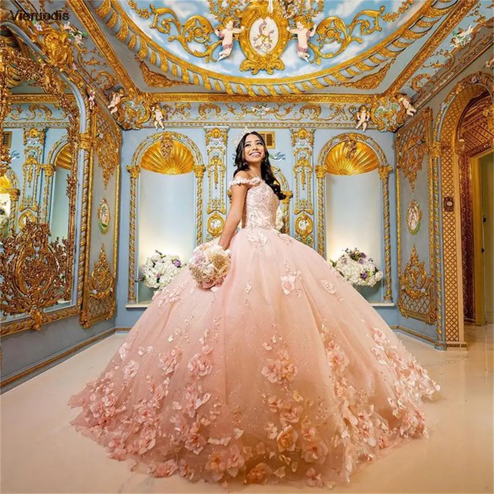 

Pink Quinceanera Dresses Flowers Sweetheart Sweet 15 Girls Princess Dress vestidos de quinceañera 2021 estidos para 15 ñera