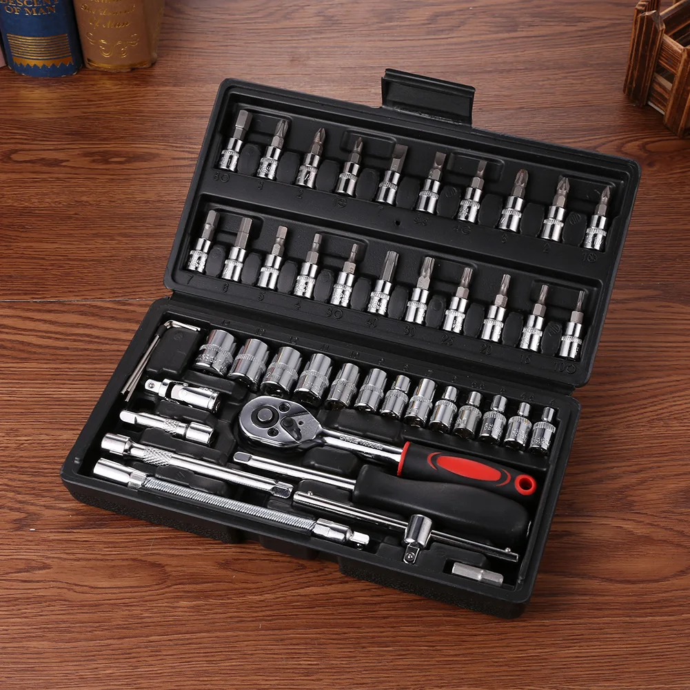 46pcs 1/4 Inch Drive Socket Set Ratchet Wrench Set Car Tool Kit Bit Socket Wrench Set Metric Mechanic Tool Set Motorcycle Repair