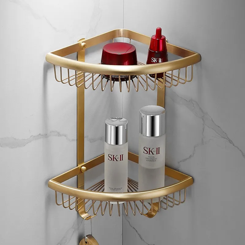Tuqiu Bathroom Shelf  Wall Mounted Brass Corner Shelf Square Bath Shower Brushed Gold Bath Shampoo Holder Corner