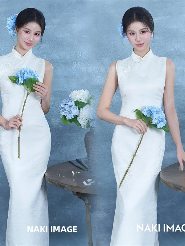 

New Vintage Chinese Style White Sleeveless Slimming Qipao Dress Photography Costume Studio Quality Fashionable Gown