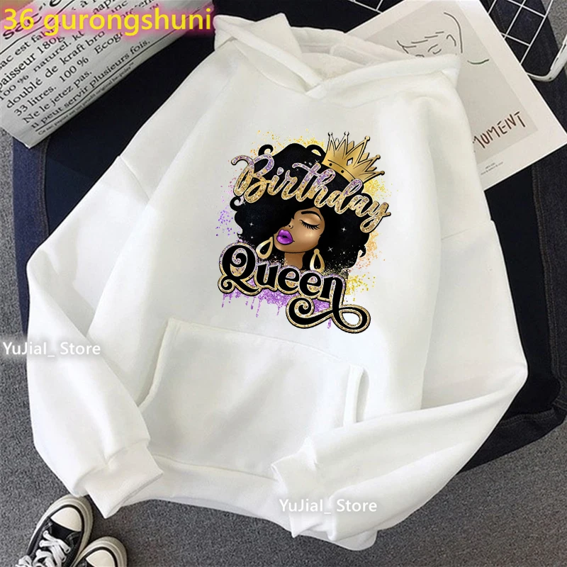 Watercolor Birthday Queen Graphic Print Cap Hoodies Women Winter/Spring/Autumn Clothes Black Girls Magic Sweatshirt Femme Coat