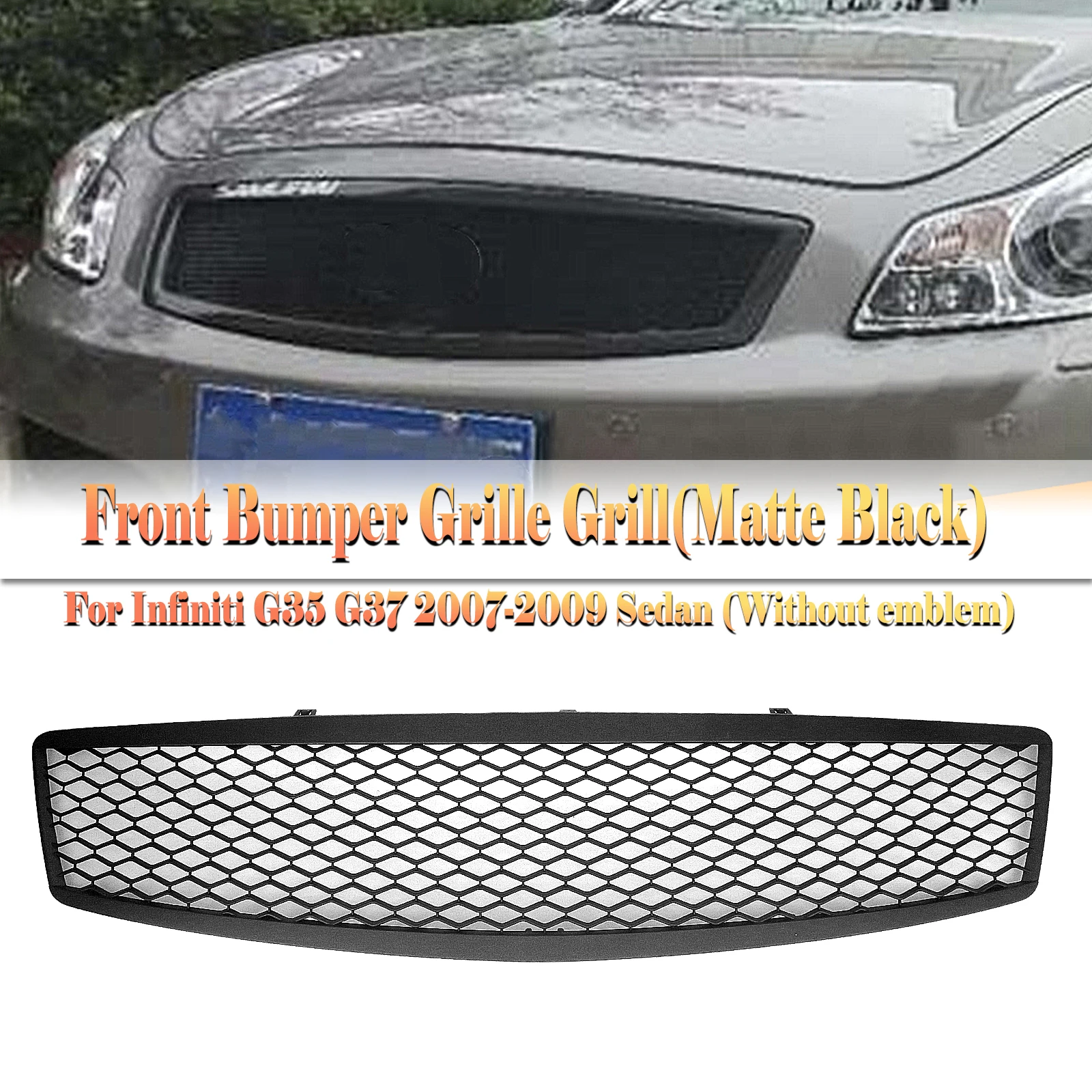 

For Infiniti G35 G37 2007-2009 Sedan 4 Door Only Front Grille Matte/Gloss Black Carbon Fiber Look Grill Upper Bumper Hood Mesh