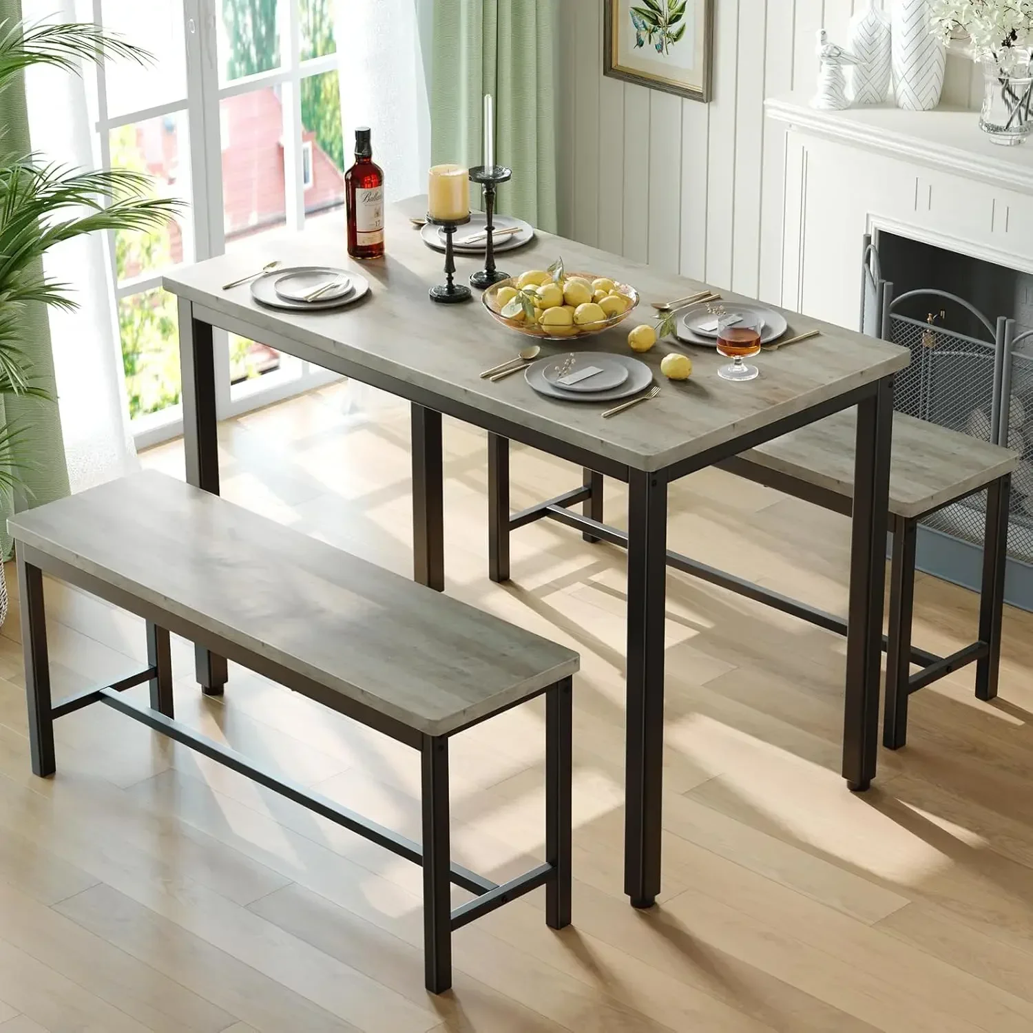 Grey Dining Table Set For Four Three Piece Kitchen Table Two Benches Space Saving Dining Room Set For Breakfast Nook Small Space