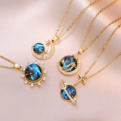 Blue Planet Necklace Stainless Steel Dainty Zirconia Saturn Planet Space Earth Necklace Globe on the Moon New In Jewelry Collar