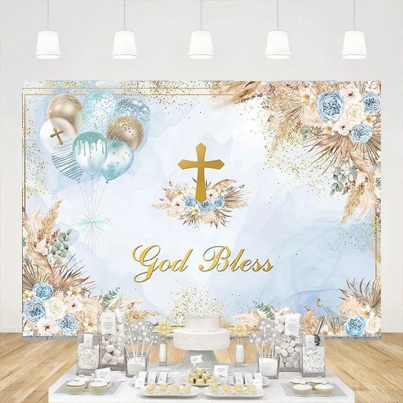 Boho God Bless Baptism Backdrop Boys Holy Communion Party Decorations Background Blue Marble Christening Ceremony Newborn Banner