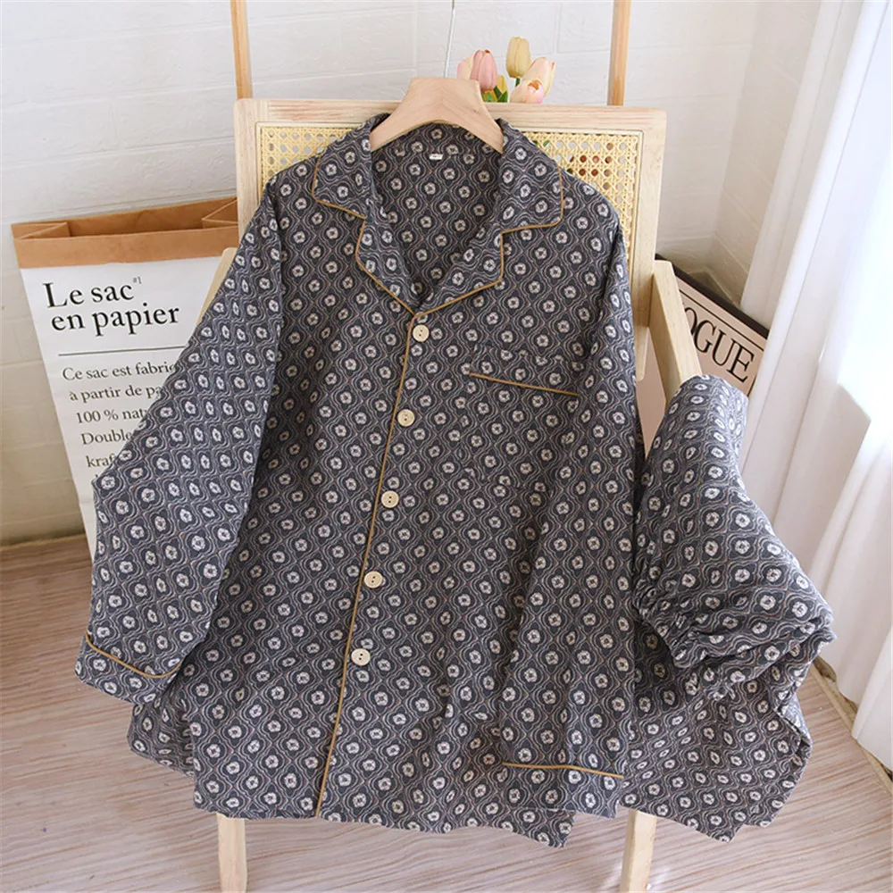 Spring Autumn Men's Pajama Set Cotton Long Sleeve Long Pants Two Piece Set Loose Home Clothes