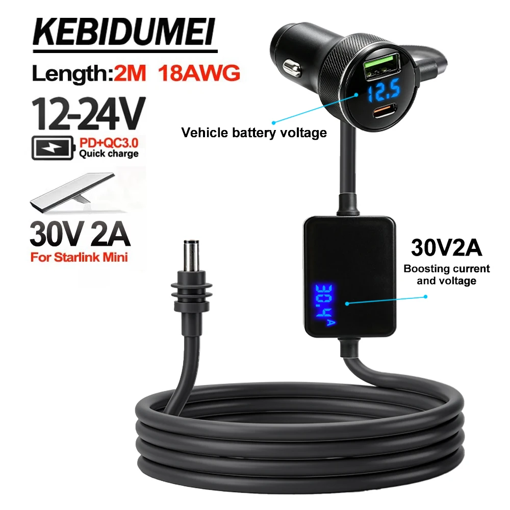 Para starlink carregador usb tipo c isqueiro carregador de carro 12v-24v veículos 2m voltímetro digital cabo de extensão à prova dwaterproof água