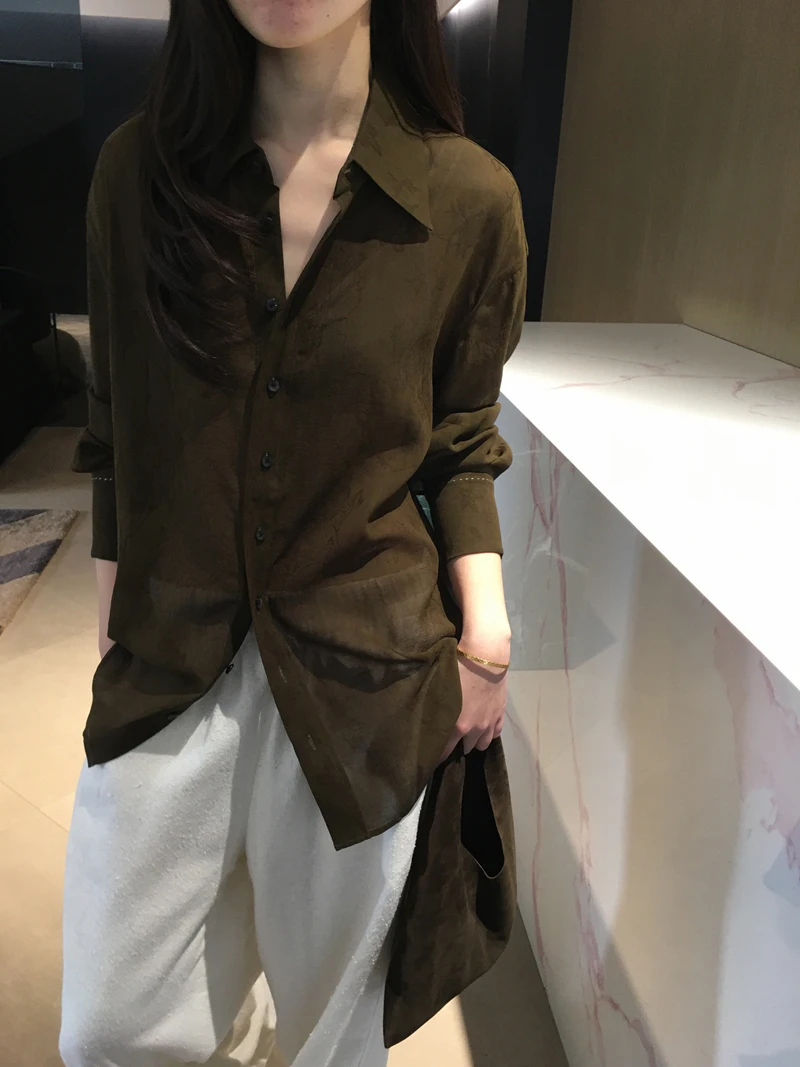 

Cuijia Silk Long Sve irt Color Woven Floral Embroidery Stand Collar Breathable Comfortable Women's Casual Sle irt