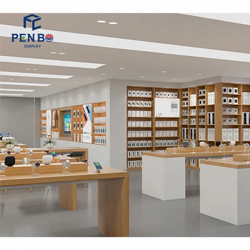 custom.Penbo Display High-End LED-Lit Durable Cell Phone & Mobile Phone Retail Showcase Display Counter Design