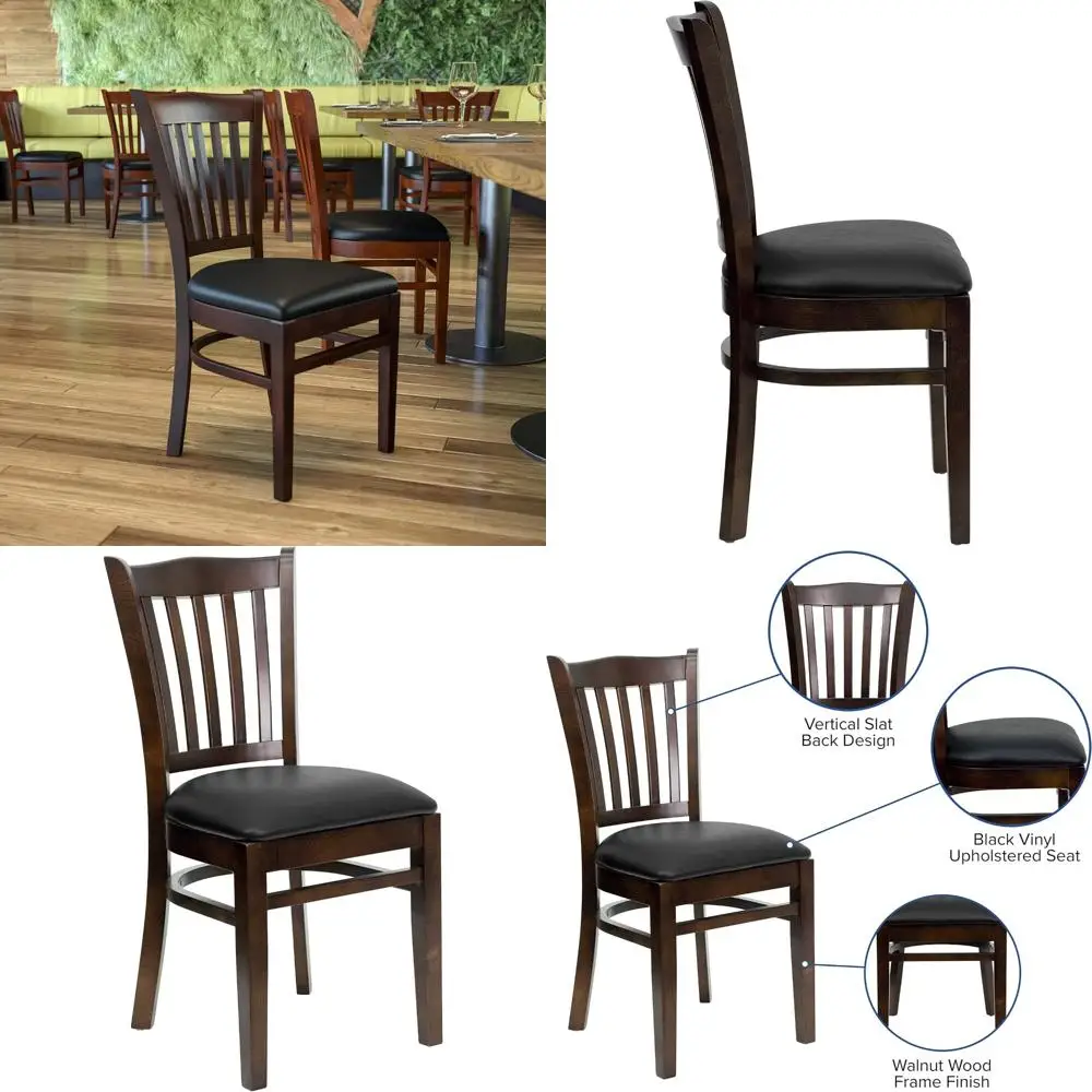 كرسي من خشب الجوز مع شرائح عمودية ومقعد فينيل أسود - EMMA + OLIVER