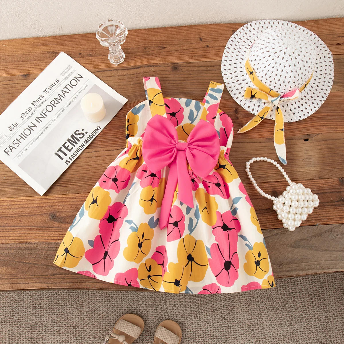 

Baby Girl Dress Summer Cotton Flower Pattern Suspender Baby Dresses Cartoon Comfortable Beach Girl Dress Clothing With Hat