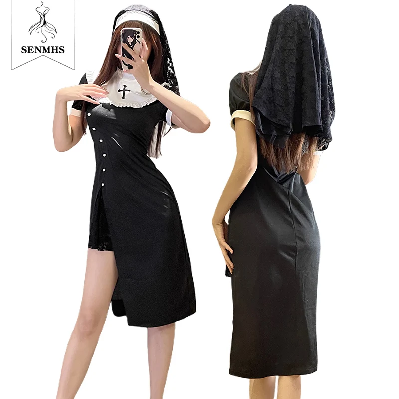 

SENMHS Anime Sexy Nuns Design Cosplay Nun Uniform Black Sexy Fancy Dress Halloween Costumes for Women