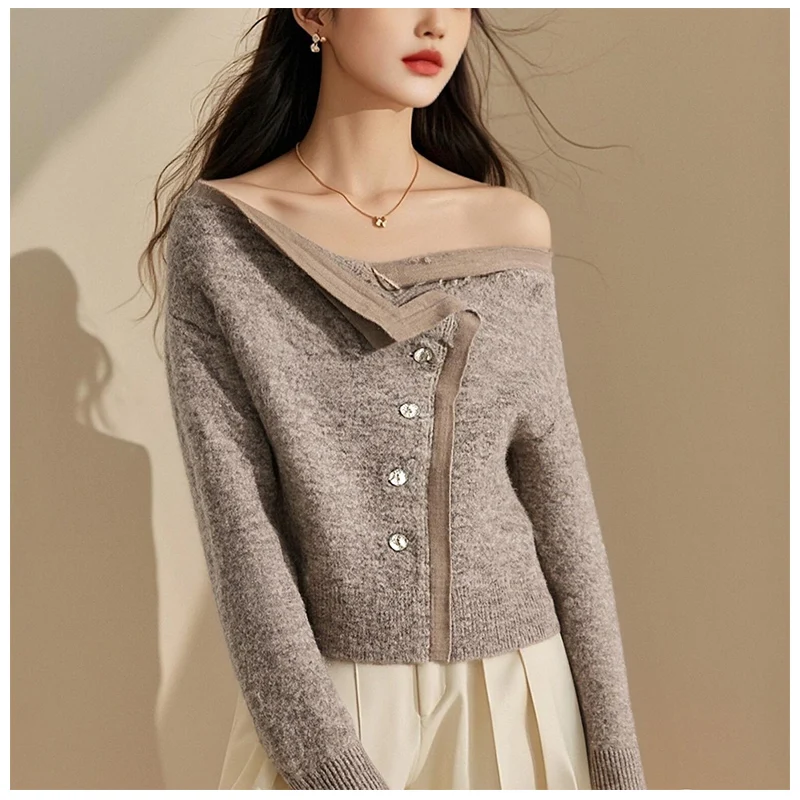 

Осень 2022, новый женский милый вязаный свитер с открытыми плечами во французском стиле ретро