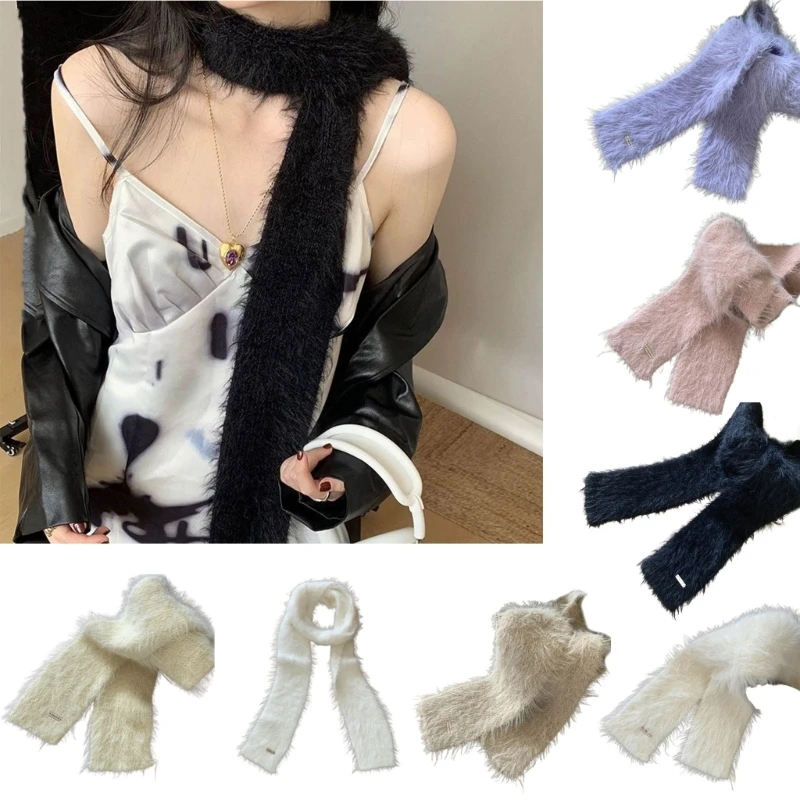 

Harajuku Style Solid Color Winter Thin Scarf Y2k Fashion Girl Knit Long Plush Scarf Women Solid Color Street Casual Neckerchief