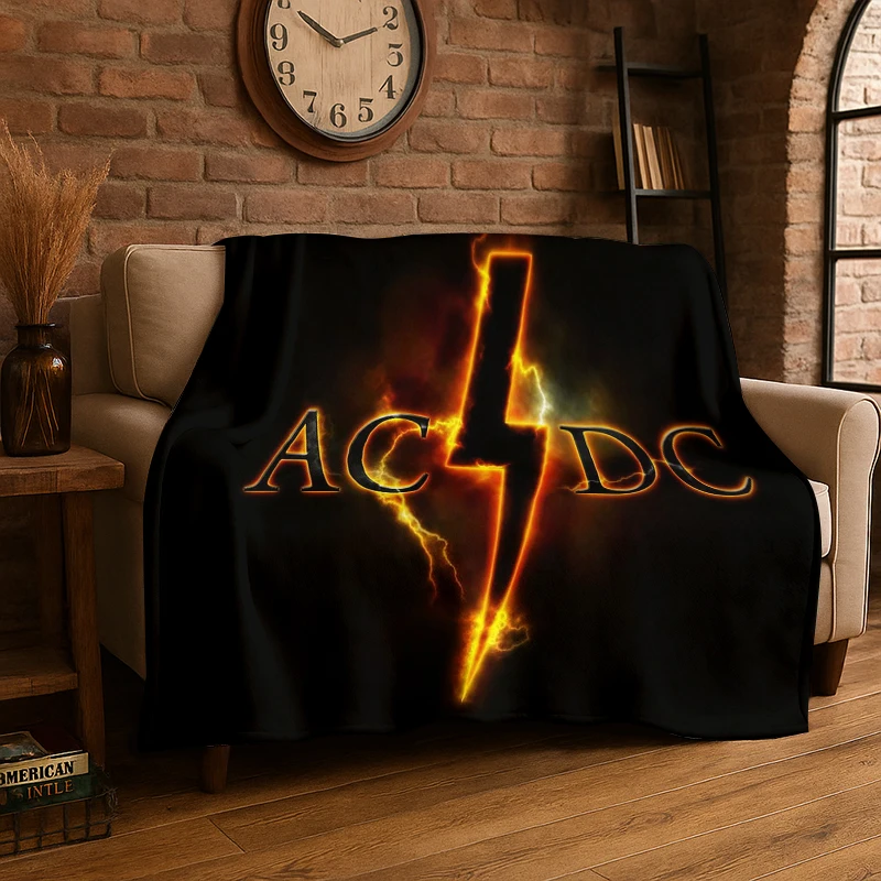 Retro ACDC Rock Band Catoon Flannel Blanket Soft Warm Throw Blanket for Bedroom Living Room Bed Travel Camping Picnic Gift