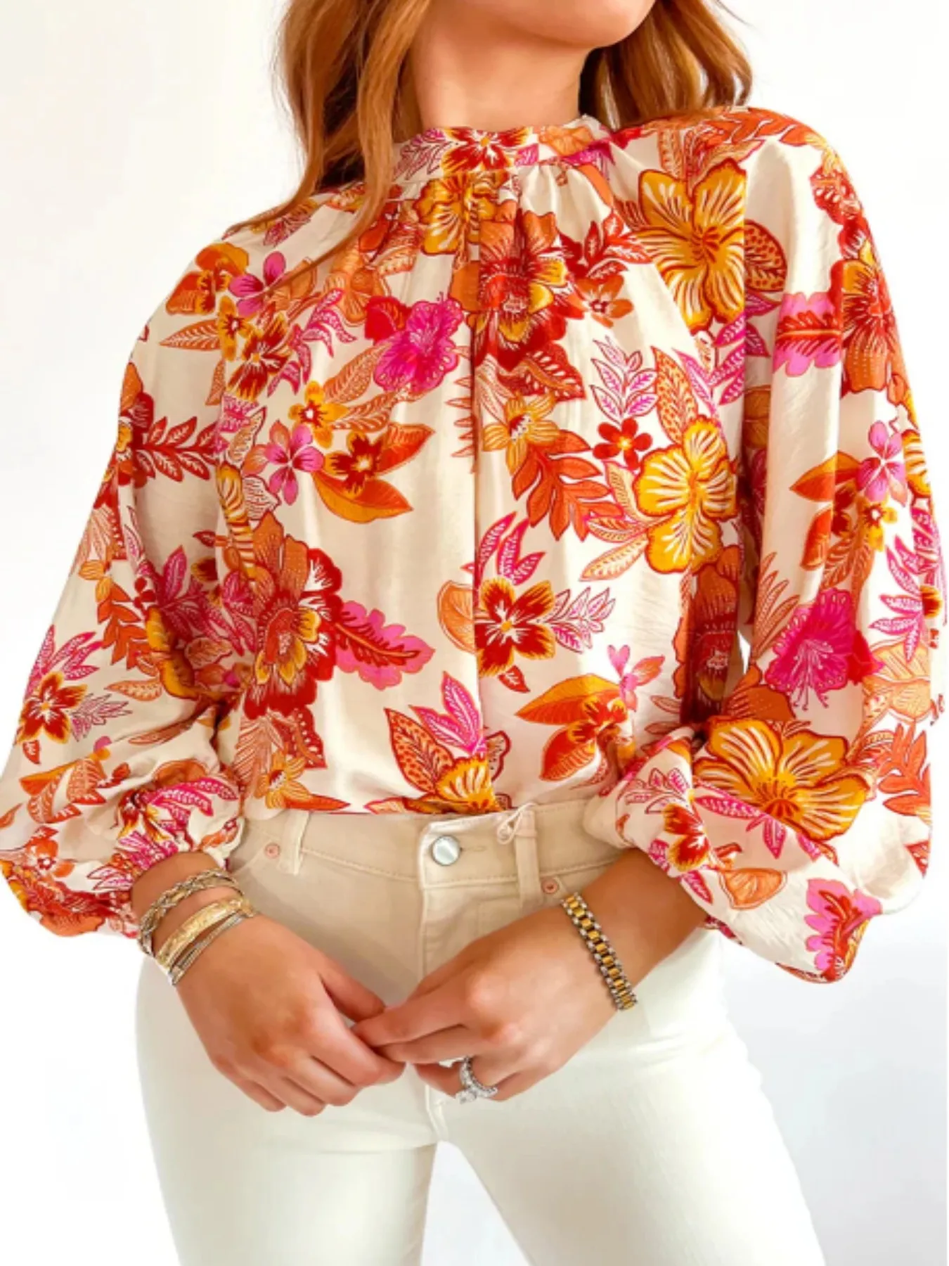 Women's stand-up collar micro-pleated lantern sleeve tropical flower print shirt light mature holiday style atmosphere top