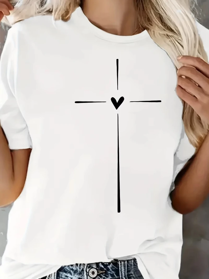 

Heart & Cross Print Casual T-Shirt Crew Neck Short Sleeves Sports Tee Women's Comfy Tops Streetwear Women Crew Neck Tees Female