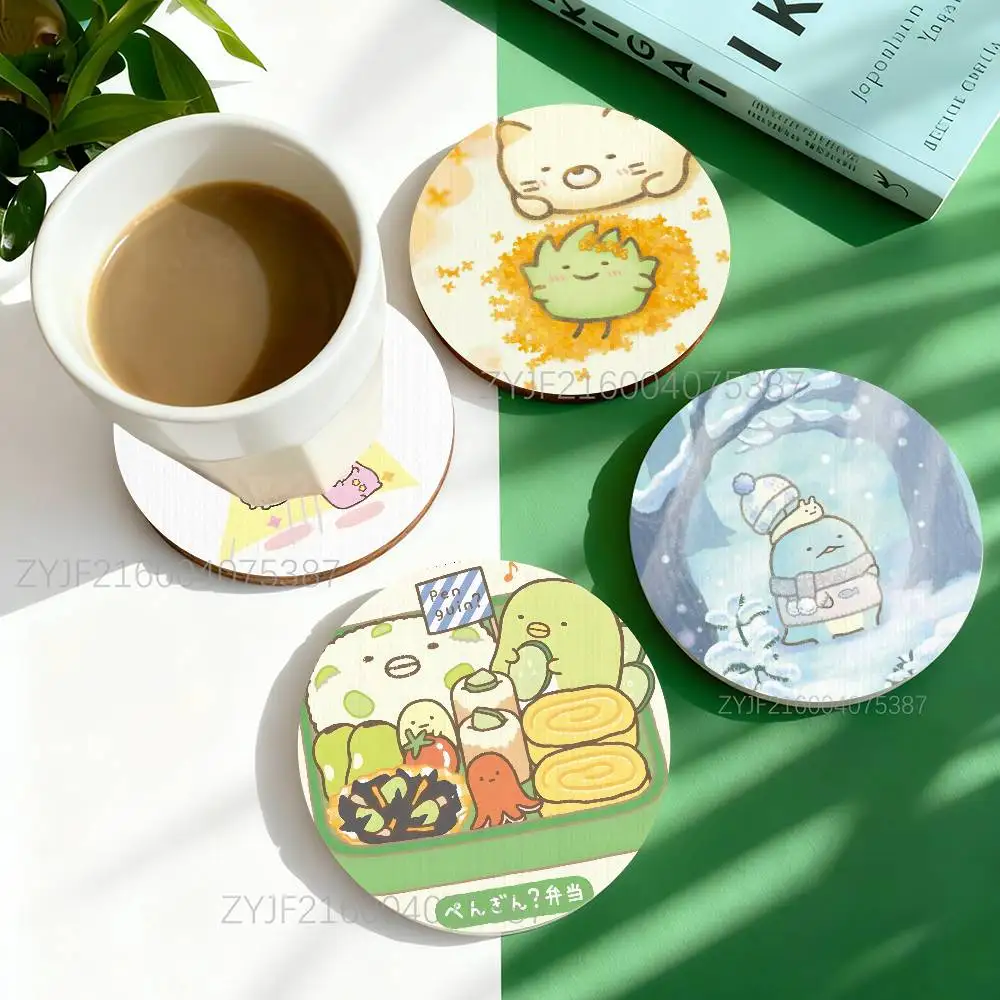 

Cute S-Sumikkogurashi Round Wooden Coasters Heat Resistant Non-slip Drink Cafe Decoration 2D Flat Color Print Coasters Set