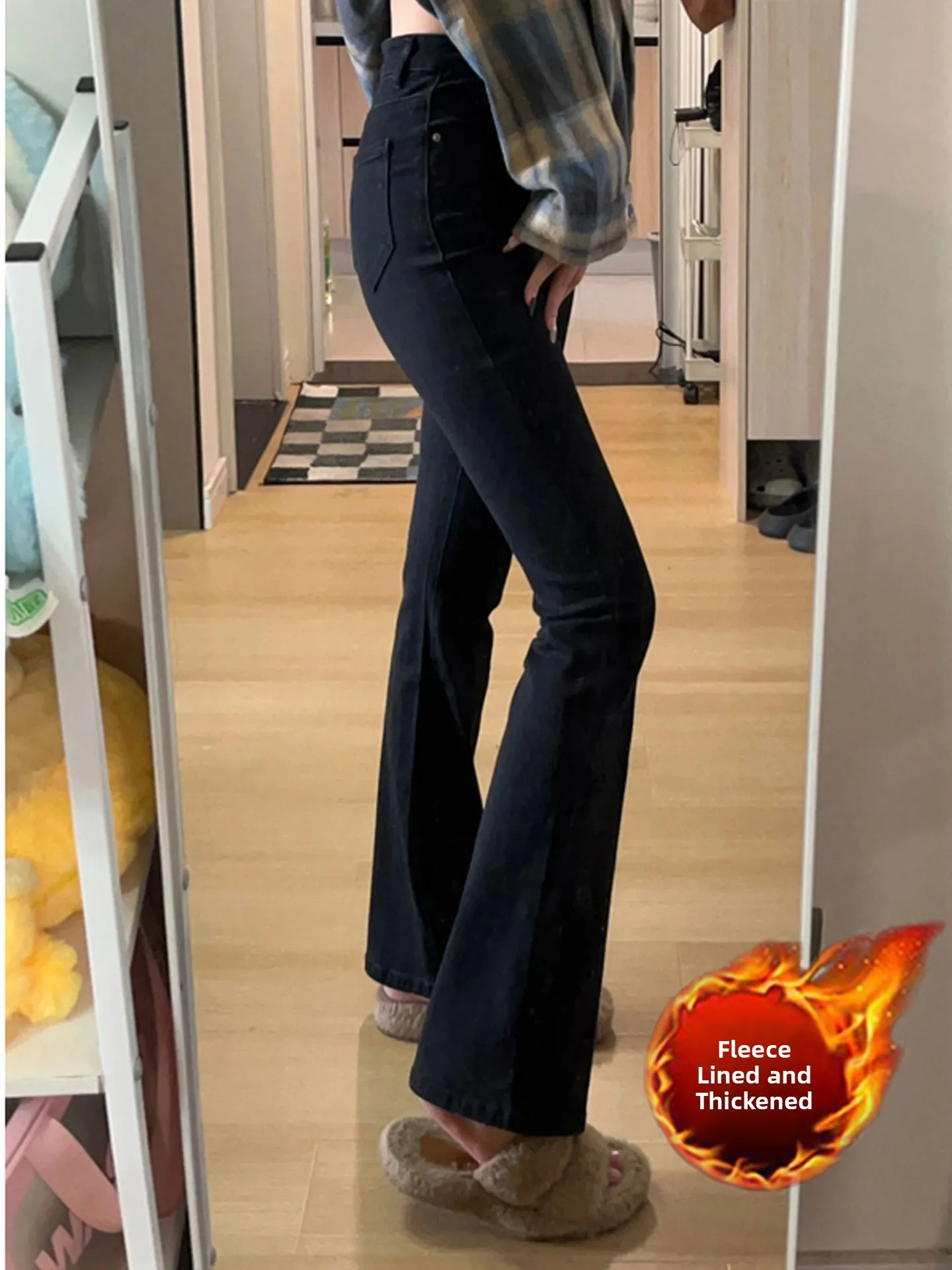 

Thiened Fce Bla Micro Flared Jeans Women's Autumn Winter High Waist Slimming Bootcut Pants Casual Wear Denim Jeans