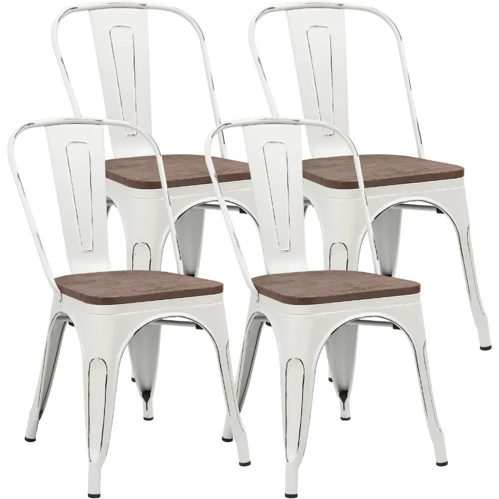 Metal Dining Chair Stackable Industrial Vintage Kitchen Chairs Indoor-Outdoor Bistro Cafe Side Chairs with Back and Wood