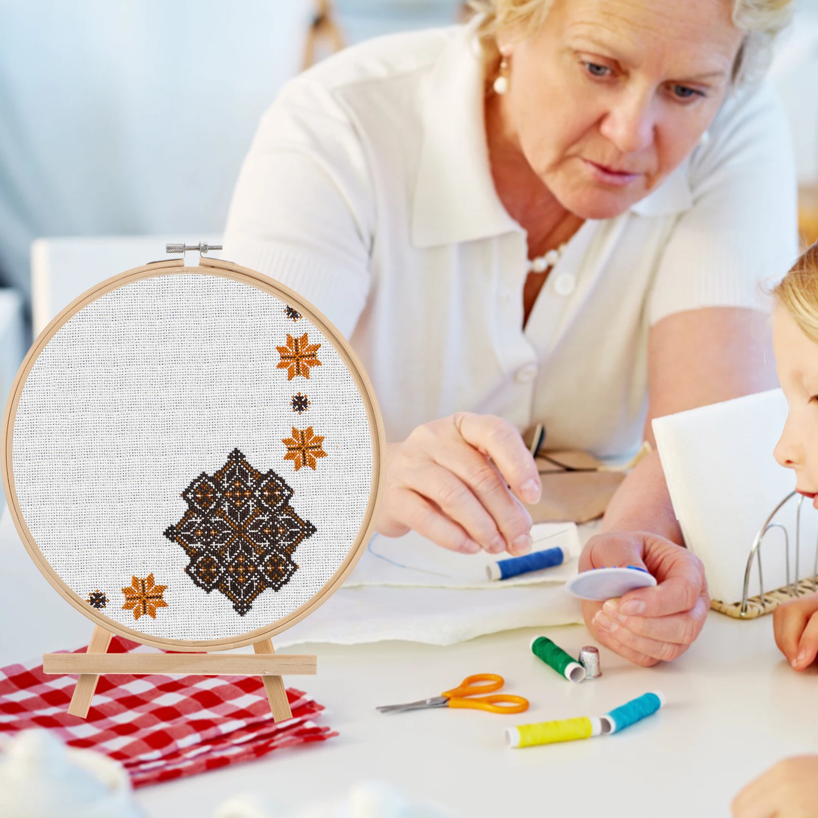 

Sturdy Bamboo Crafting Cross Hoop Holder with Adjustable Stand Decorative Embroidery Circle Set