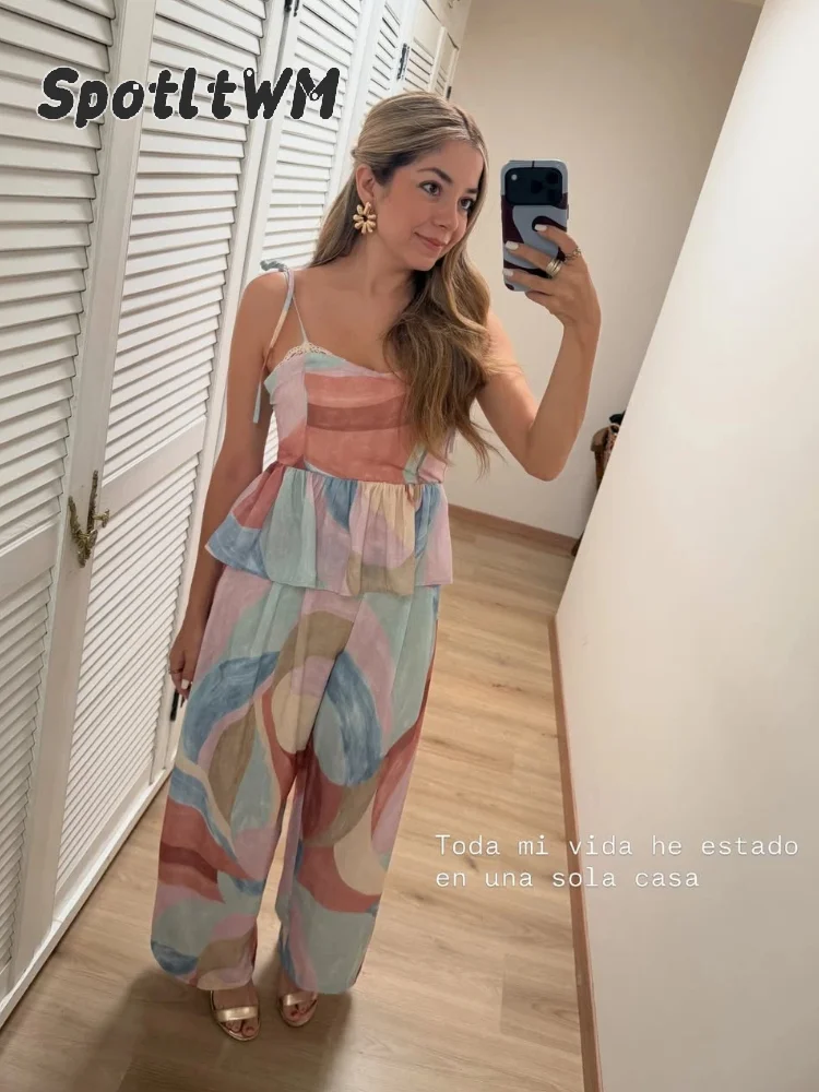 Conjunto Feminino de 2 Peças: Top Cami Estampado Colorido e Calça Pantalona com Bainha Franzida, Regata Sem Mangas, Verão 2026, Estilo Casual Chique para Férias